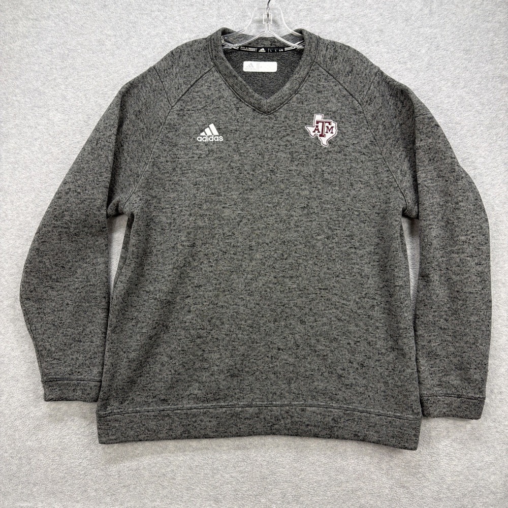 Texas A&M Aggies Adidas Sweater Mens Large Gray‎ V Neck Fleece Sweatshirt NCAA